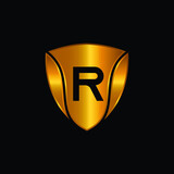 Golden Shield Logo Design for Letter R. Vector Realistic Metallic logo Template Design for Letter R. Golden Metallic Logo. Logo Design for cars, safety companies, and others.