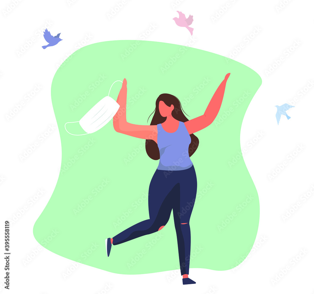 Post-Quarantine.Girl running Without Mask.Stay Home During Coronavirus Pandemic.Free from Virus.Flat Vector Illustration