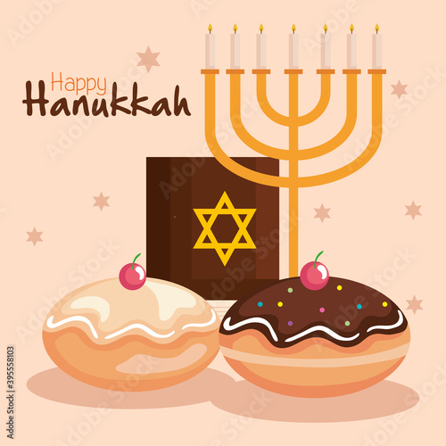 Happy hanukkah menorah torah and sufganiot design, holiday celebration judaism religion festival traditional and culture theme Vector illustration