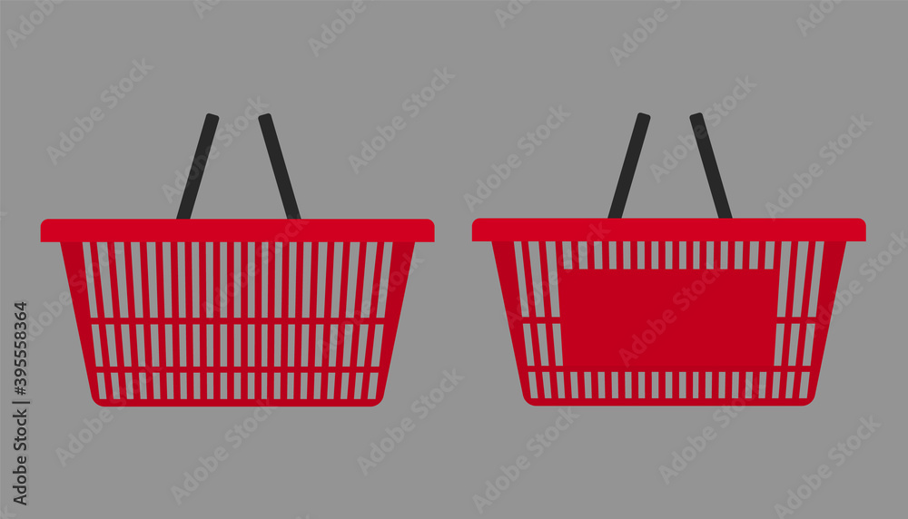 Fototapeta premium Red plastic shopping basket isolated on a dark background, vector illustration, abstract flat design set