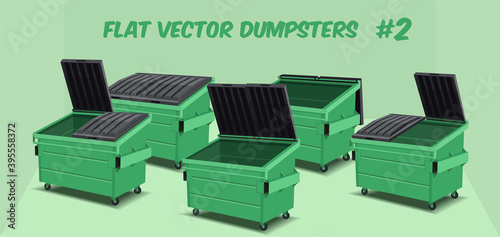flat cartoon design of green dumpster containers isolated on a transparent background, vector illustration photo