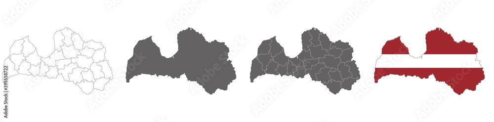 set of political maps of Latvia  with regions and flag map isolated on white background