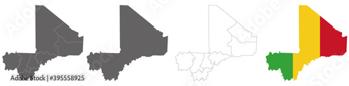 set of political maps of Mali with regions and flag map isolated on white background