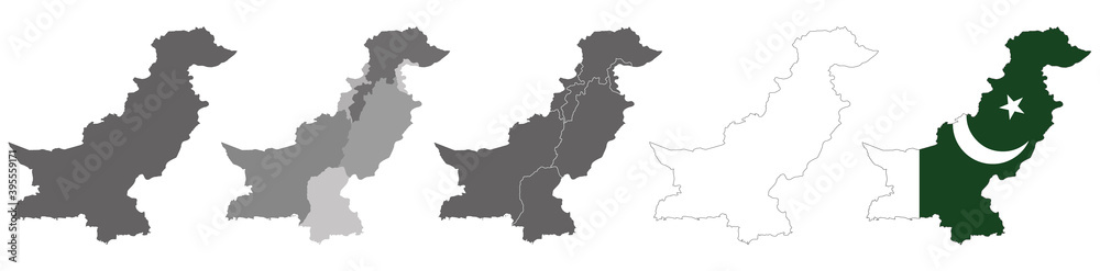 set of political maps of Pakistan with regions and flag map isolated on white background