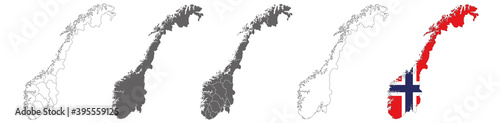 set of political maps of Norway with regions and flag map isolated on white background