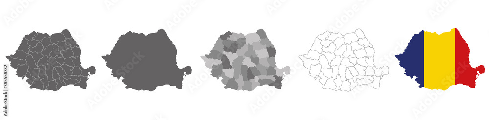 set of political maps of Romania with regions and flag map isolated on white background - obrazy, fototapety, plakaty 