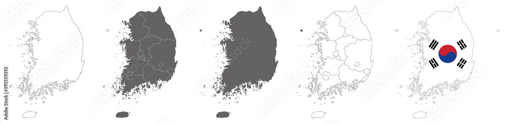 set of political maps of South Korea with regions and flag map isolated on white background