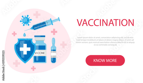 Vaccination background. Web design modern flat concept. Vector illustration with syringe with vaccine, bottle, ampoule and virus.