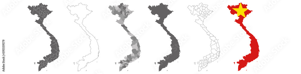 set of political maps of Vietnam with regions and flag map isolated on white background