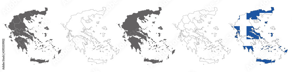 set of political maps of Greece with regions and flag map isolated on white background