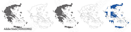 set of political maps of Greece with regions and flag map isolated on white background