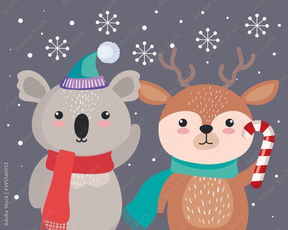 koala and reindeer cartoons in merry christmas season design, winter and decoration theme Vector illustration koala and reindeer cartoons in merry christmas season design, winter and decoration theme Vector illustration