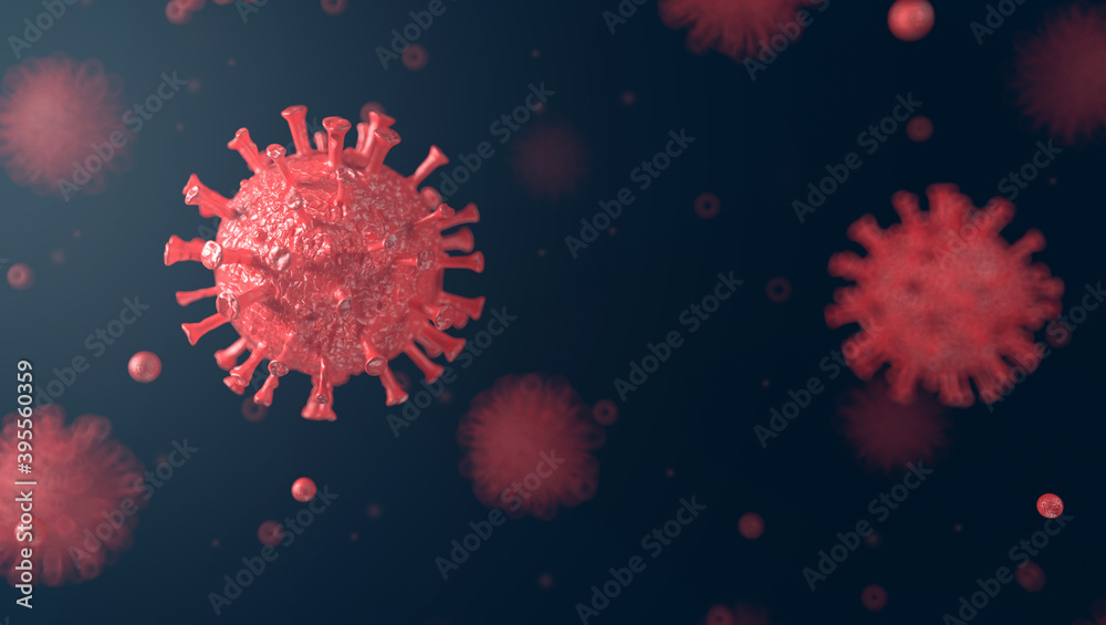 Coronavirus 2019-nCoV and Virus background with disease cells and red blood cell.COVID-19 Corona virus outbreaking and Pandemic medical health risk concept. 3D rendering. 3D illustration.