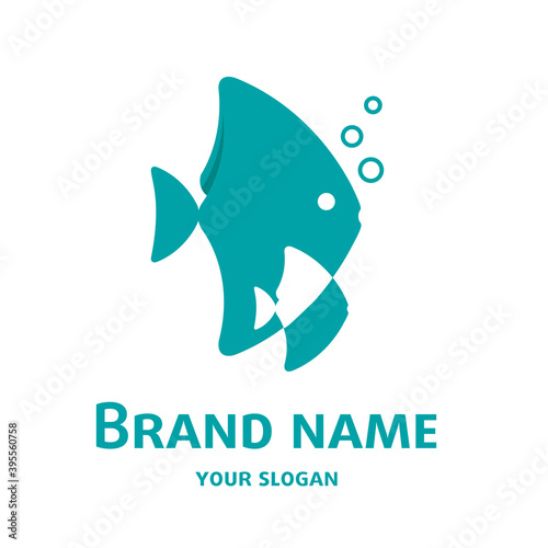 Illustration of fish adult and child, corporate identity symbol, childish cartoon graphic, brand style