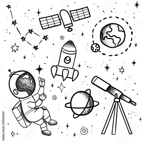 Hand drawn space banner template. Space doodle Vector illustration with cartoon rocket, planets, stars. Universe for your design