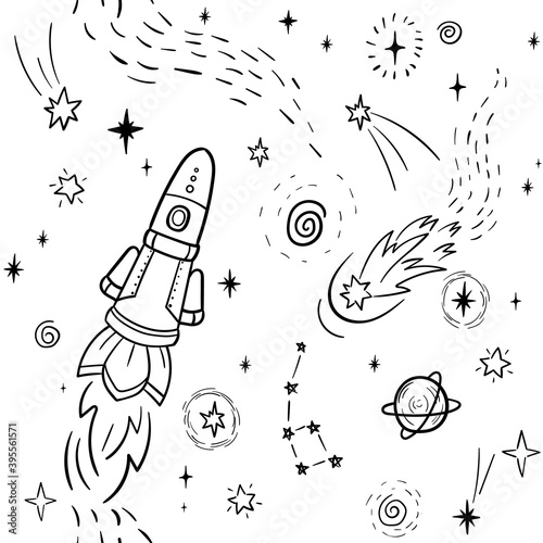 Hand drawn space banner template. Space doodle Vector illustration with cartoon rocket, planets, stars. Universe for your design. Seamless pattern
