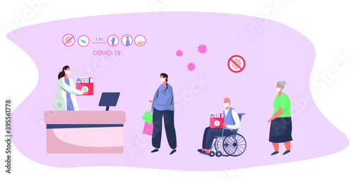 People in Drugstore Keeping Social Distancing two Metres and Coronavirus covid-19 Prevention in Shop.Characters in Medical Mask Buying Medicines.Protect yourself.Flat Vector Illustration