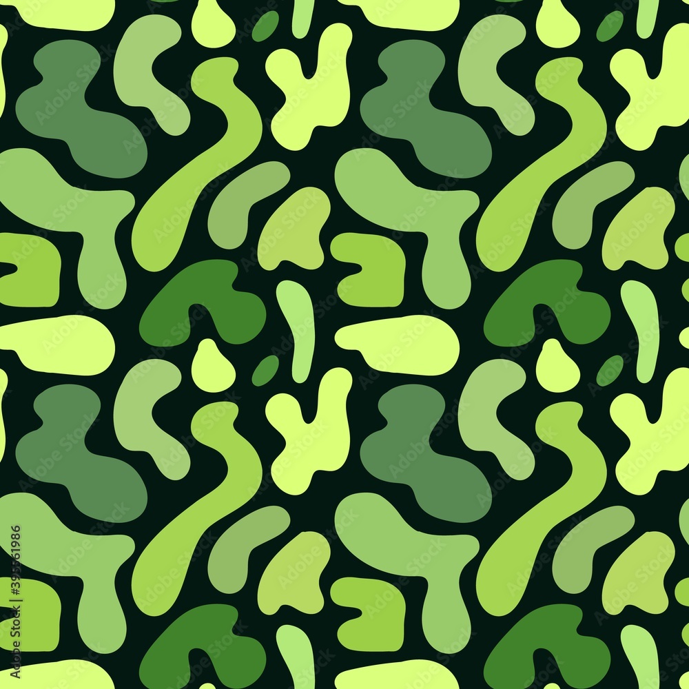 Seamless protective pattern of abstract spots. Doodle style. Camouflage print. Green spots of different shades on a dark background. Seamless protective pattern of abstract spots. Doodle style. Camouflage print. Green spots of different shades on a dark background.