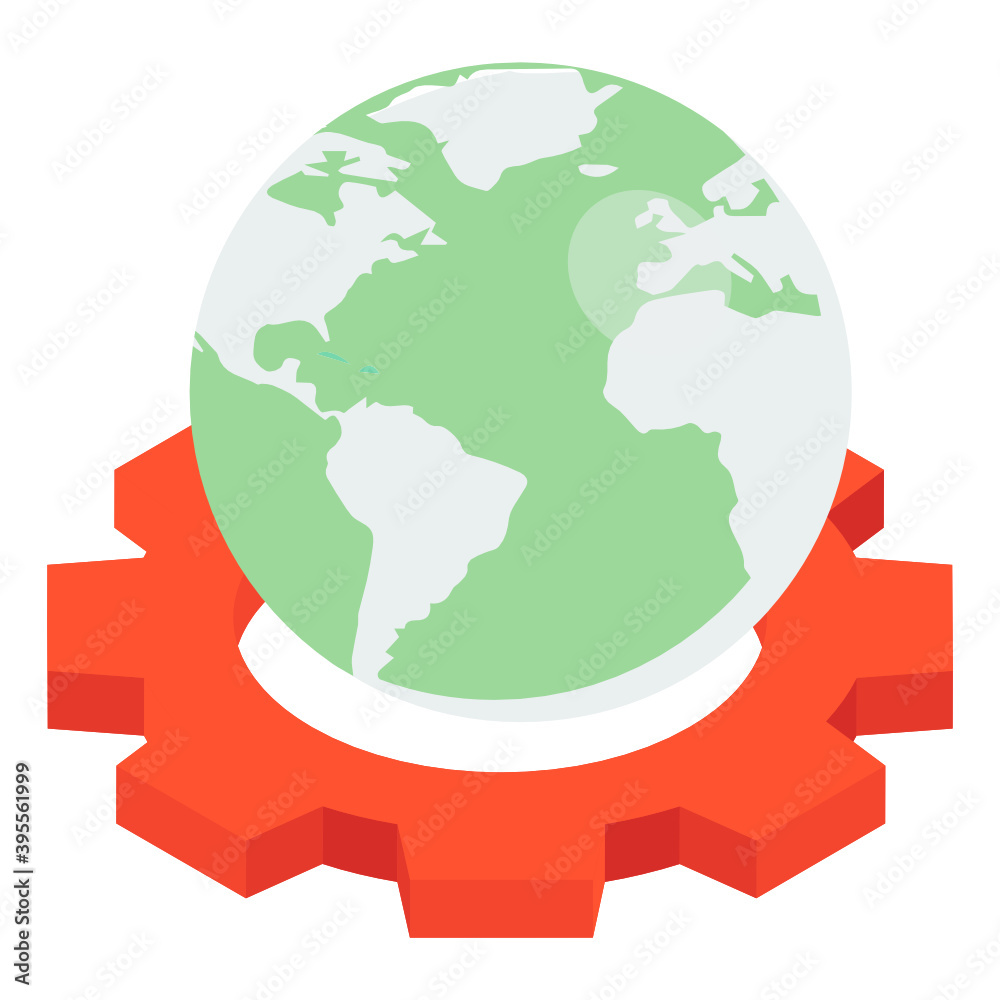 
Globe over gear, global settings isometric icon
