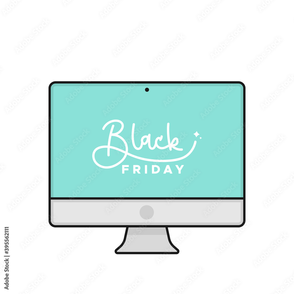 Black Friday lettering in screen desktop. Concept of online shopping, web purchases, digital business. Vector illustration, flat design