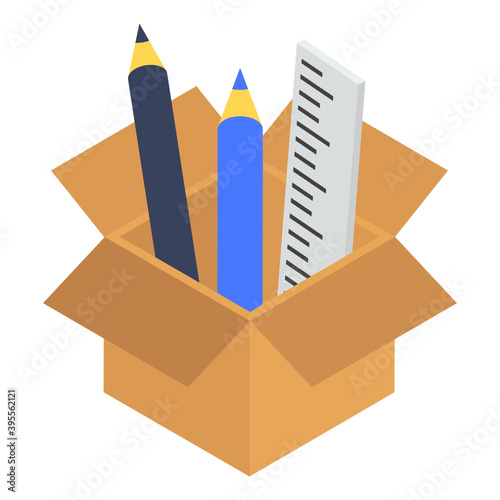 
Pencils and ruler inside carton, stationery box isometric icon
