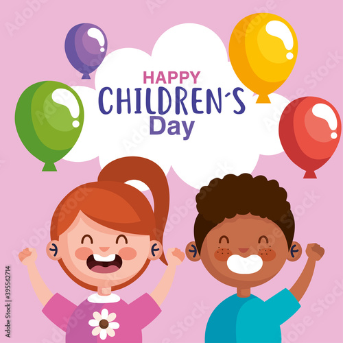 Happy childrens day with boy and girl cartoons design, International celebration theme Vector illustration