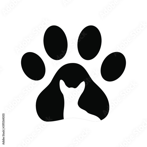 Pet shop logo. Creative icon of a cat with a cat paw. Design of labels and cards for a pet shop, zoo. Vector illustration of a cat paw print, silhouette of a cat head.