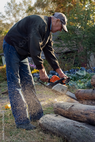 A man with a chainsaw prepares firewood for the winter.