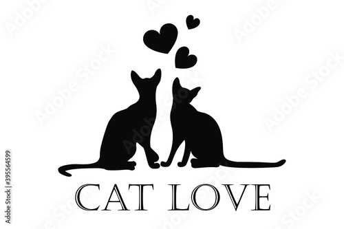 Valentine's day card, cats in love, couple of animals. Concept for a pet shop or veterinary clinic. Silhouette of a feline couple with hearts. Print for a T-shirt with the text cat love.