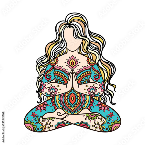 Yoga girl. Ornament Meditation pose. Concept of body positive. Vector illustration plus size