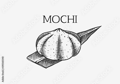 Japanese dessert Mochi in rice dough. Vector illustration for an Asian restaurant. Hand Drawn engraved sketch for menu. Monochrome style. Vector illustrations