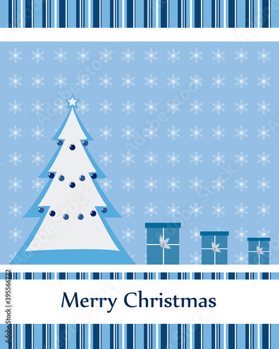 Christmas card with Christmas tree and gifts.