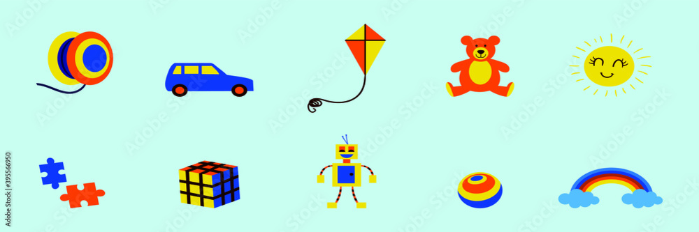 set of childhood cartoon icon design template with various models. vector illustration isolated on blue background
