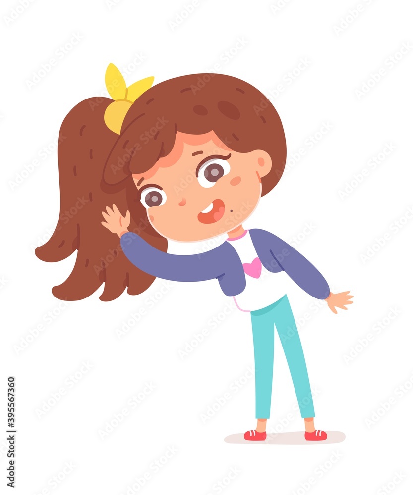 Happy girl waving goodbye. Cute kid having fun and smiling on white background. Entertainment and amusement leisure vector illustration. Summer holidays in childhood with joy Happy girl waving goodbye. Cute kid having fun and smiling on white background. Entertainment and amusement leisure vector illustration. Summer holidays in childhood with joy