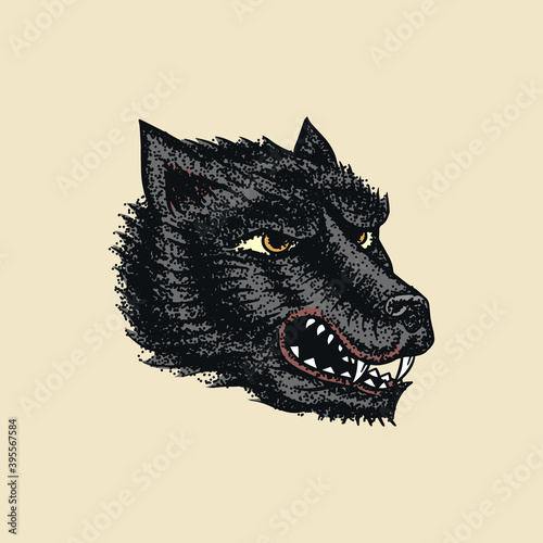 Screaming mad wolf for tattoo or label. Roaring beast. Animal in retro style. Engraved hand drawn line art Vintage old monochrome sketch. Vector illustration.