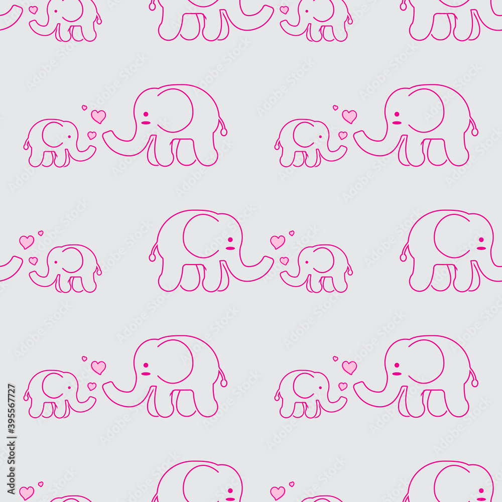 Fototapeta premium Elephant seamless pattern, Elephant and baby on the gray background.