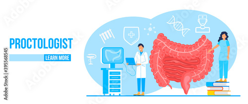 Proctologist concept vector for medical web. app. blog. Intestine doctors examine, treat dysbiosis. Tiny therapist of proctology colonoscopy.