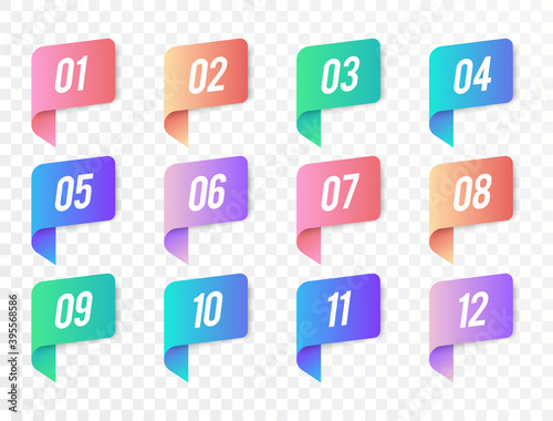 Colorful Number Bullet Point From 1 To 12 In The Form Of Ribbons. Vector Bullet Points For Infographic Design Or Presentation