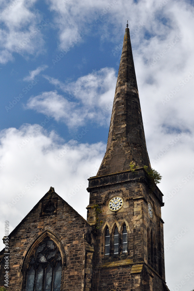 Old Stone Church with Tall Spire & Clock