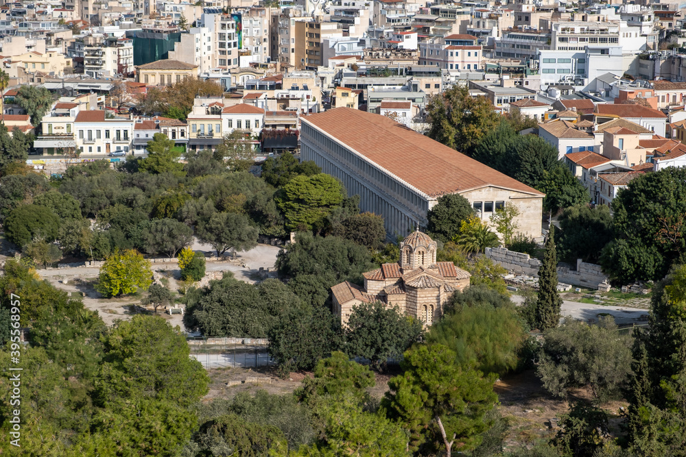 Hephaestus temple and Greek Orthodox church, Athens, Greeced.