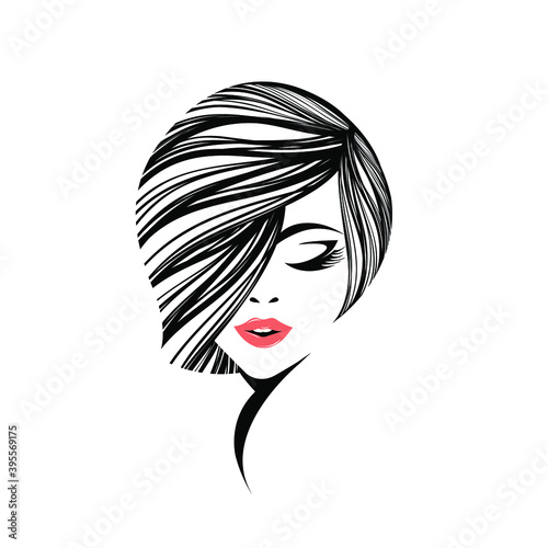 Beautiful woman with elegant hairstyle and makeup.Beauty and hair salon vector logo isolated on light background.Cosmetics studio icon.Pink lipstick and long eyelashes.Cute female.Young lady face.