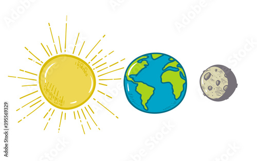 sun, earth and moon vector flat icon set. Sketch, doodle , isolated on white. Hand drawing .