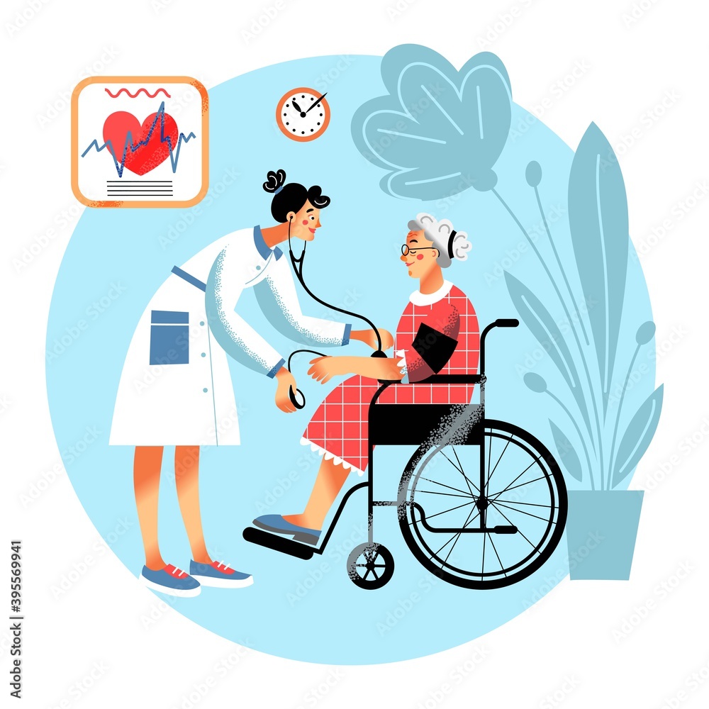 Nurse measuring pulse of elder patient in hospital. Healthcare and assistance vector illustration. Senior woman in wheelchair, doctor doing check up on heart rate. Old person visits doctor Nurse measuring pulse of elder patient in hospital. Healthcare and assistance vector illustration. Senior woman in wheelchair, doctor doing check up on heart rate. Old person visits doctor