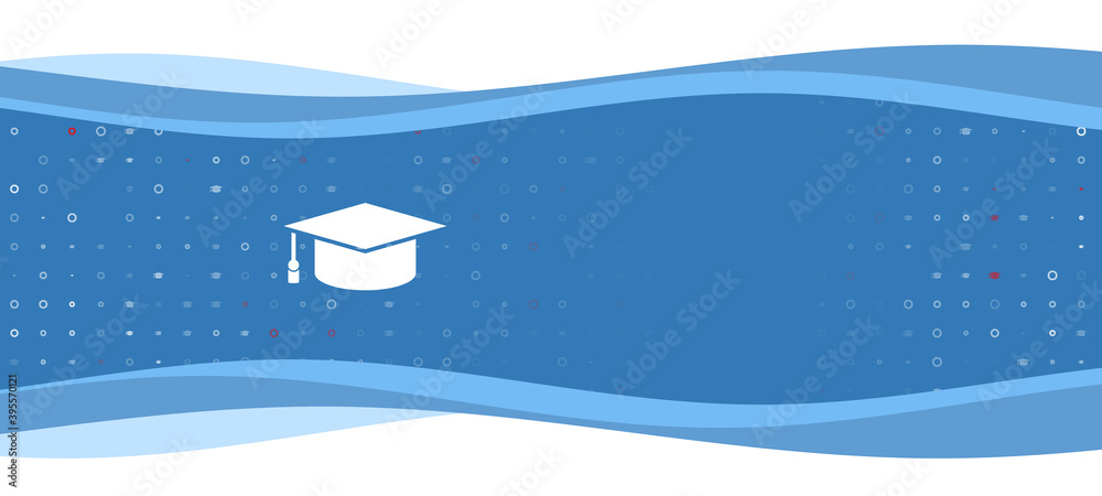 Blue wavy banner with a white square academic cap symbol on the left. On the background there are small white shapes, some are highlighted in red. There is an empty space for text on the right side