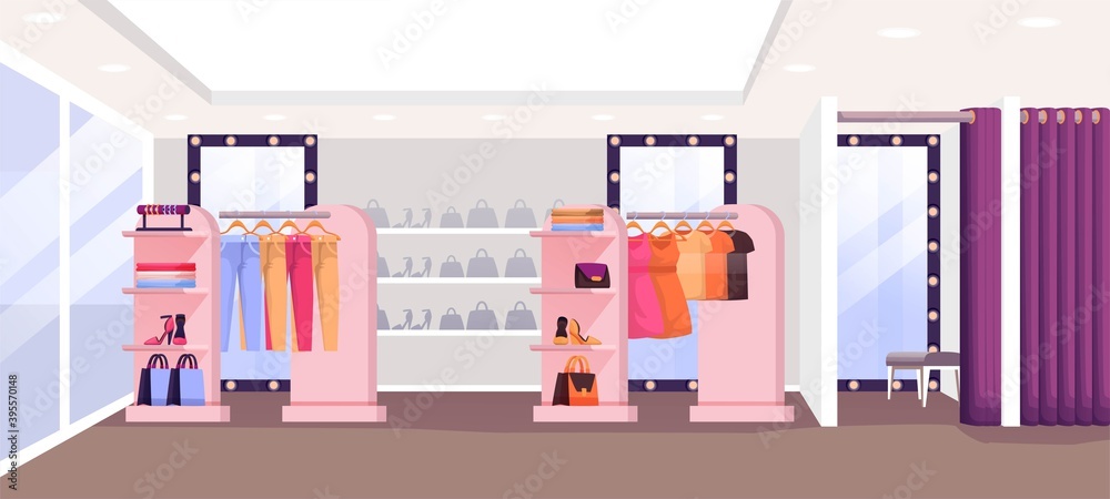 Fashion shop with clothes interior design background. Fitting room, apparel on hangers on display, shoes and bags on shelves. Modern boutique panorama vector illustration