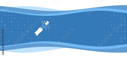 Blue wavy banner with a white champagne opening symbol on the left. On the background there are small white shapes, some are highlighted in red. There is an empty space for text on the right side