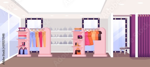 Fashion shop with clothes interior design background. Fitting room, apparel on hangers on display, shoes and bags on shelves. Modern boutique panorama vector illustration