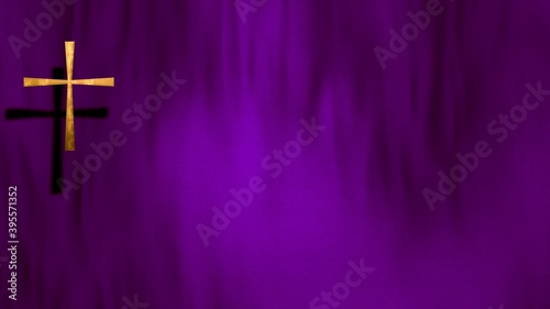 Waving satin with golden Christian Cross on liturgic violet purple copy space. 3D illustration concept for online worship church sermon in Advent and Lent symbolizing penance sacrifice and mourning