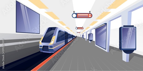 Train at subway station background. Modern metro platform vector illustration. Public transport interior of underground in city. Horizontal cityscape panorama with ad banners