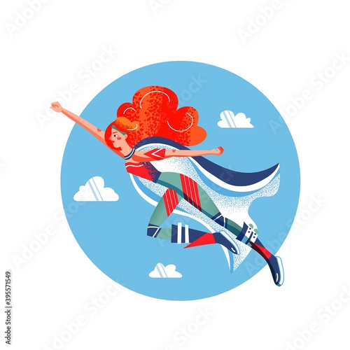 Female superhero in costume flying. Superwoman with cape vector illustration. Cartoon comic woman with powers posing on blue sky background. Brave girl hurrying to save people